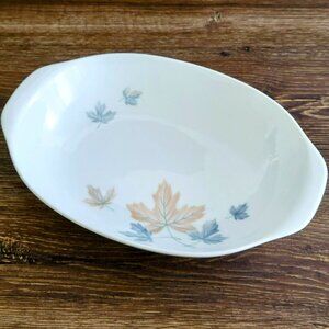 Vintage Noritake Maplewood 11" Oval Serving Bowl Blue & Tan Autumn Leaves c1960s